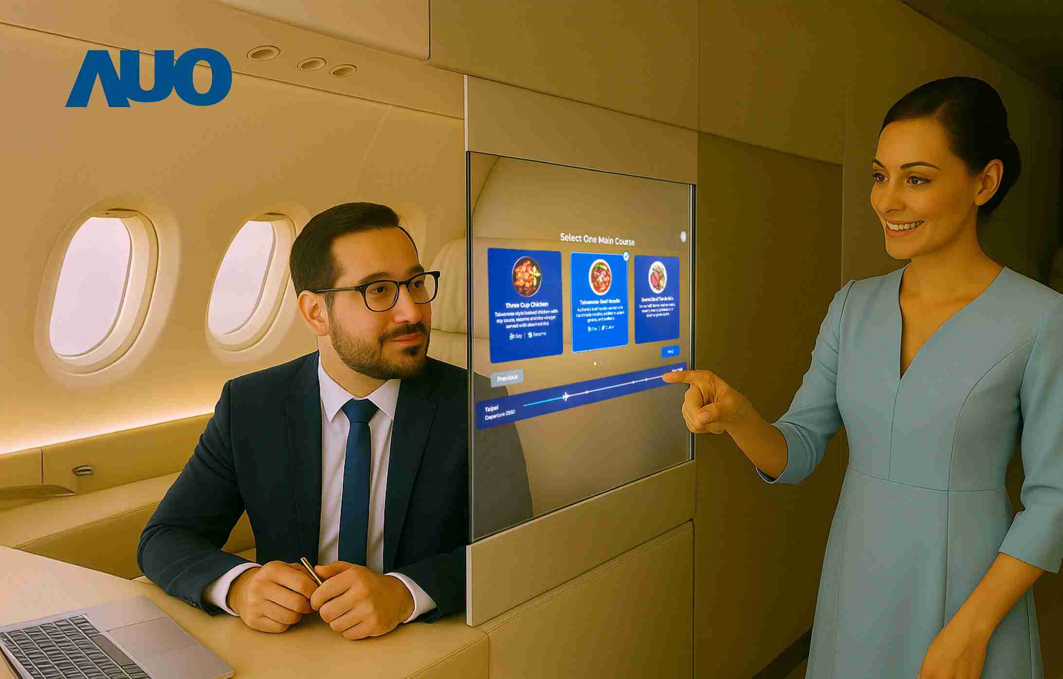 财神娱乐研发全球最薄17.3 吋双面透明 Micro LED 显示器，，可在同一屏幕之双边投射不同信息，，，创造独特的”透明化”互动；图为实时翻译交流应用情境